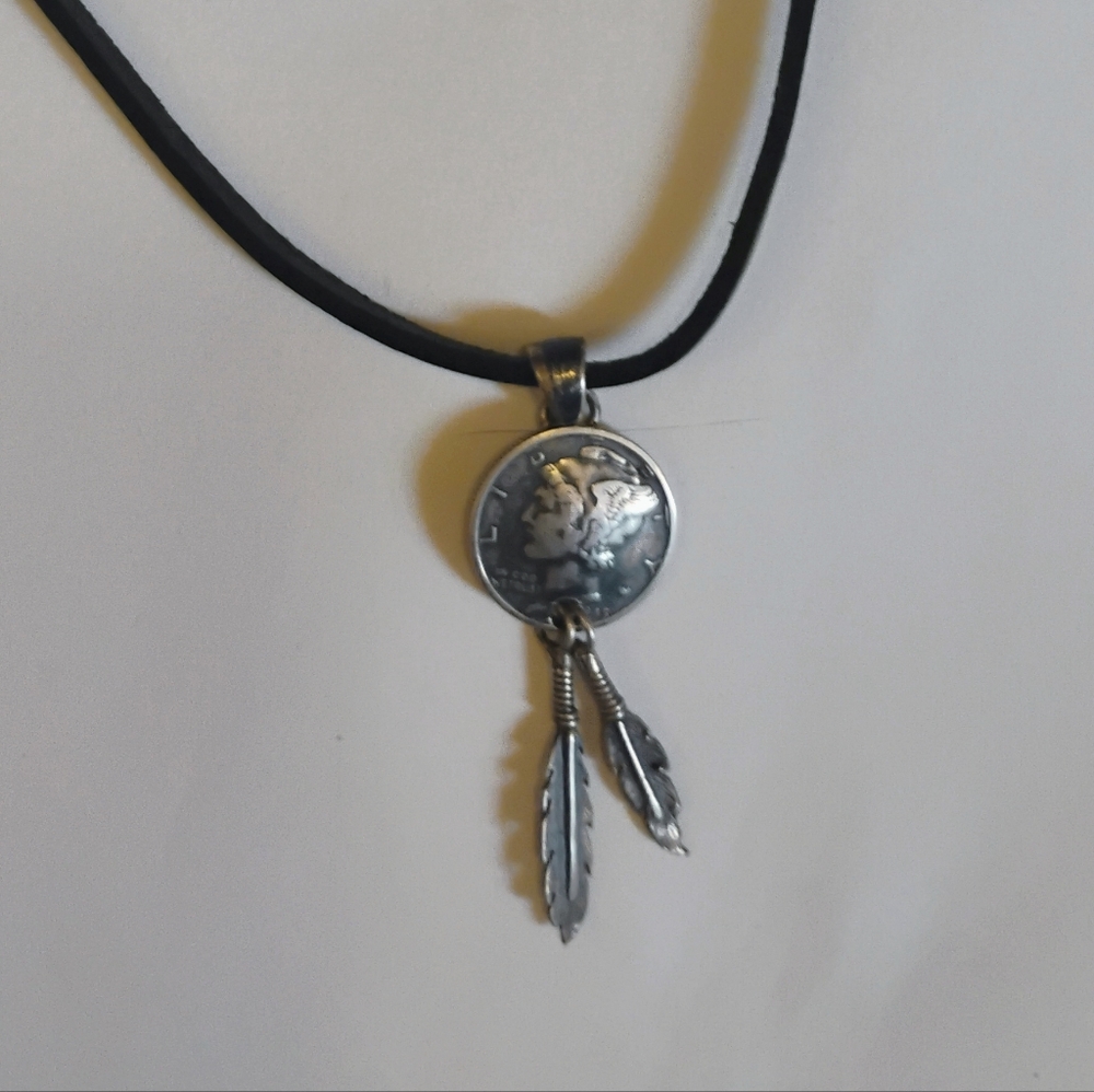 Silver Dime Pendant 1945 Necklace with Black Cord